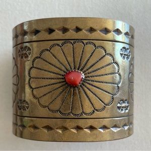 Wide Brass Cuff with Coral Native American